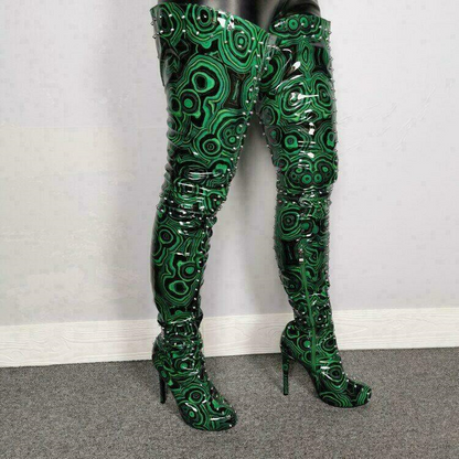 Sexy Rivets Stiletto Heels Boots Round Toe Green Thigh High Boots Womens Shoes