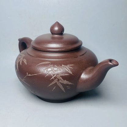 Vintage Chinese Yixing Purple Clay Teapot Zisha Ceremony Carving Bamboo Tea Set