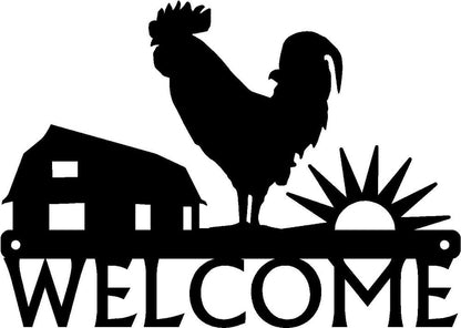 Sunrise on Farm Rooster Welcome Sign - 12 inch Wide Metal Wall Art