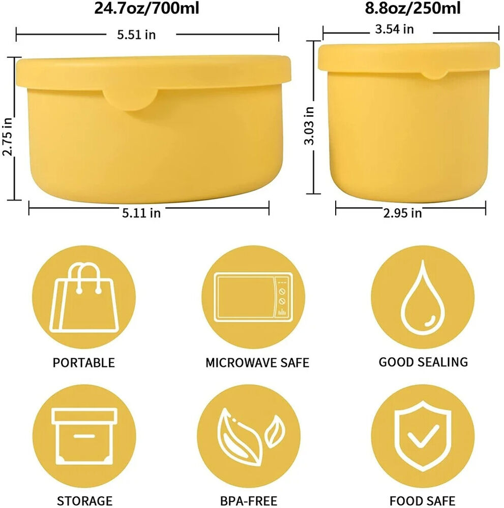 Food Storage Container Silicone Reusable W/ Airtight Lid Snack Lunch Bento Boxes