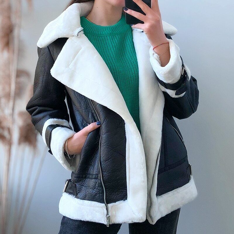 Pu Faux Soft Leather Black White Sheepskin Fur Jacket Female Aviator Outwear