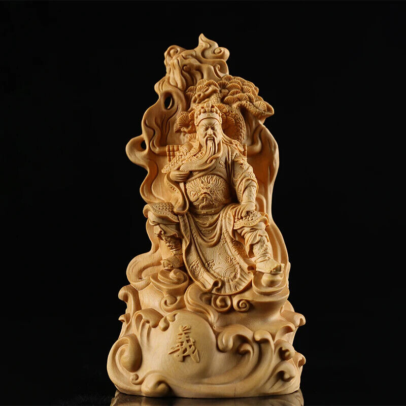 15/30cm Guan Gong Figure Solid Wood statue Guanyu Sits Under Pine Tree FengShui