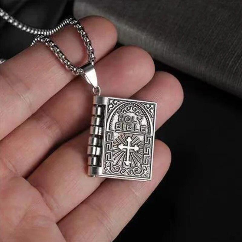 Vintage Silver Cross Bible Book Pendant Necklace Unique Jewelry For Men Women