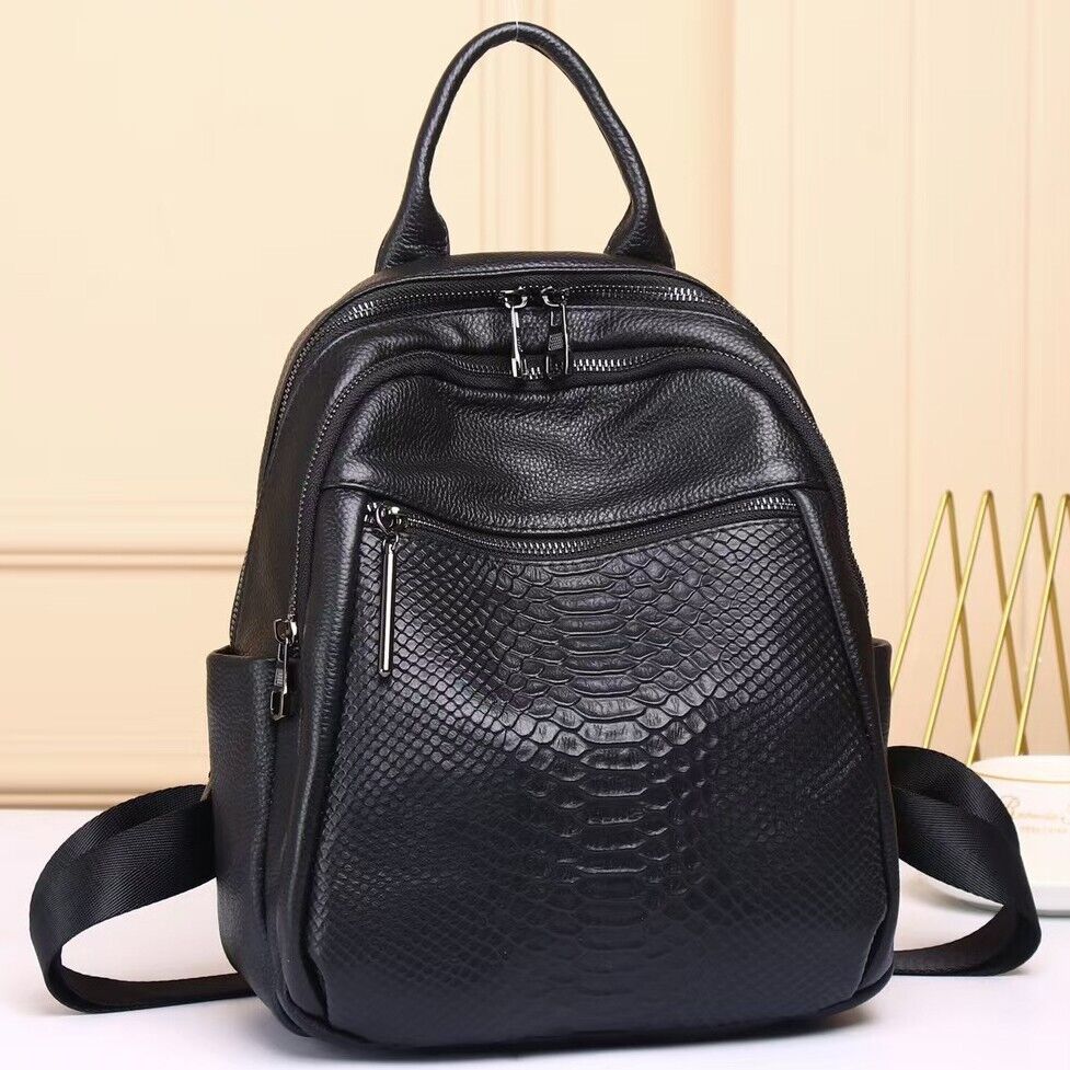 Top Cow Leather Black Women's bag, Crocodile Print Leather Backpack Travel Bags