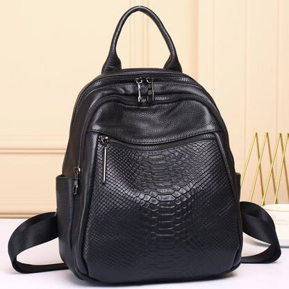 Top Cow Leather Black Women's bag, Crocodile Print Leather Backpack Travel Bags