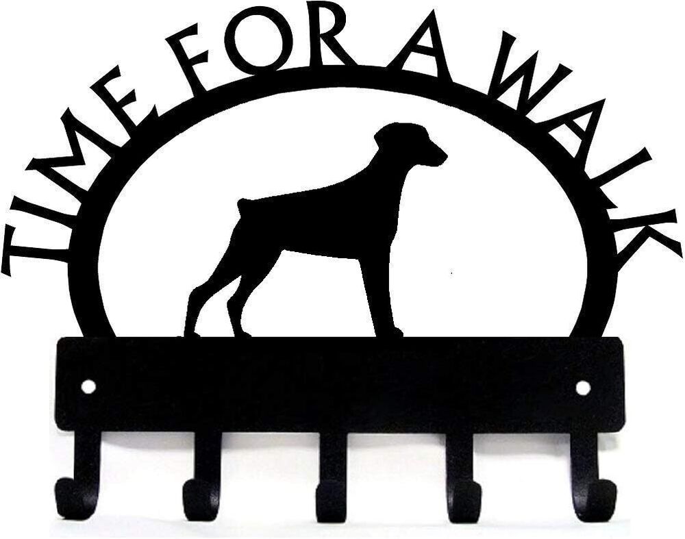 Doberman (Natural Ear) Time for a Walk Key Rack Dog Leash Hanger Metal Wall Art