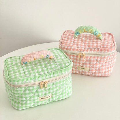 Plaid Pattern Bag Toiletries Case Makeup Bag Zipp Cotton Cosmetics Storage Pouch