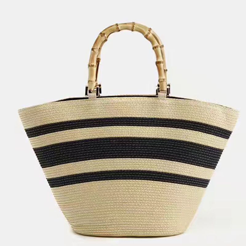 Fashion Bag Shoulder Striped Straw Bamboo Handle Handbag Woven Bags Purse Hasp
