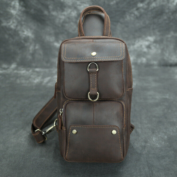 Men's Sling Backpack Crazy Horse Leather Large Capacity Chest Bag Crossbody Bag
