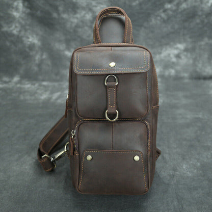 Men's Sling Backpack Crazy Horse Leather Large Capacity Chest Bag Crossbody Bag