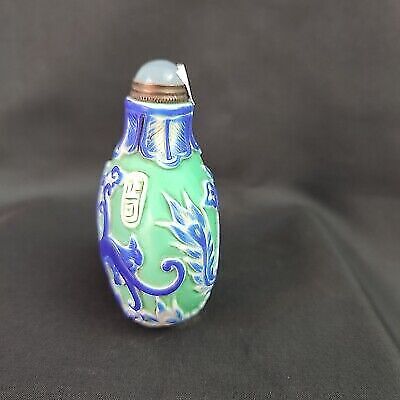 vintage chinese snuff bottle blue phoenix statue carving peking glass glaze fine