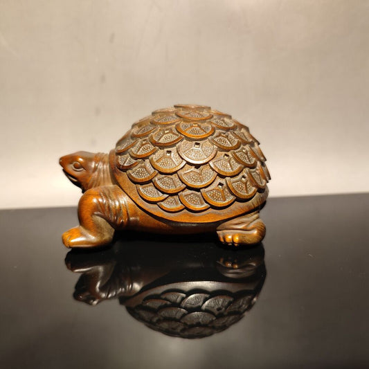 vintage carved wooden Turtle statue wood Boxwood mini gift Good luck money decor