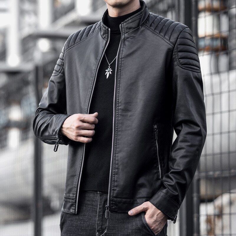 Pu Jacket Men Jacket Male Stand Collar Windbreaker Mens Clothing Black Blue