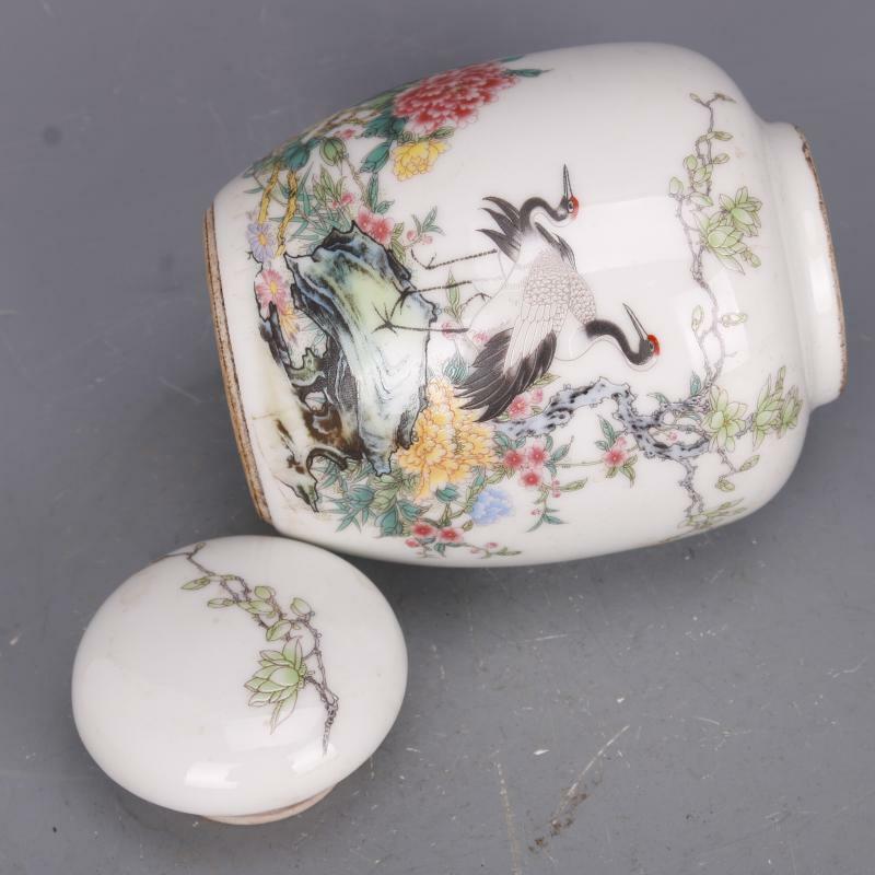 Old Chinese porcelain color Hand Painted Flower bird jar pots Tea caddy 84102