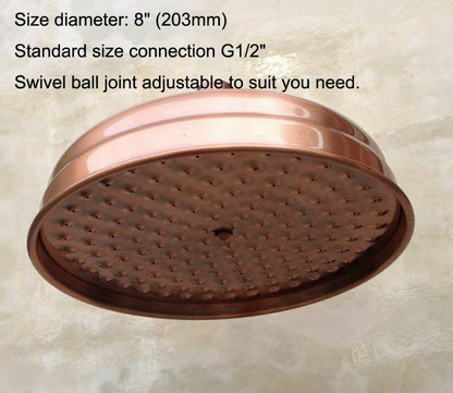 8" Antique Red Copper Round Rainfall Shower Heads Extension Pipes Wall Arm Parts