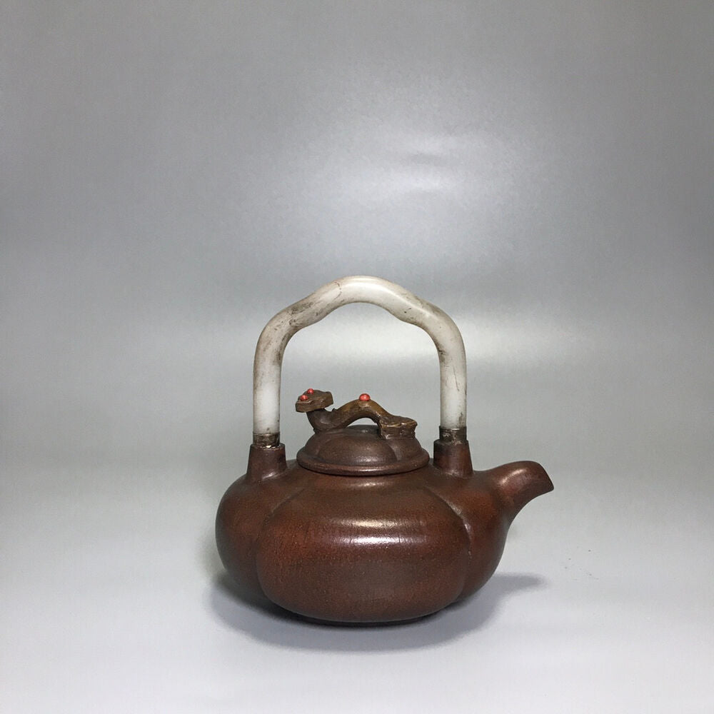 Chinese Yixing Zisha Clay Handmade Exquisite Teapot （如意镶玉提梁 底款：杨鹏年）