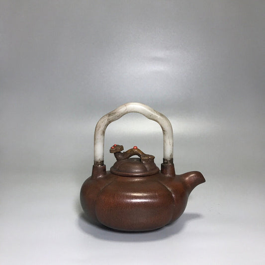 Chinese Yixing Zisha Clay Handmade Exquisite Teapot （如意镶玉提梁 底款：杨鹏年）