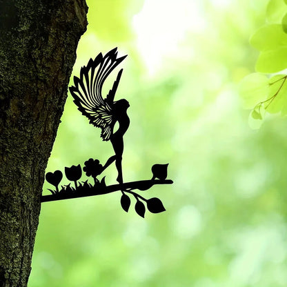 Elf On Branch Steel Silhouette Garden Yard Patio Outdoor Statue Stake