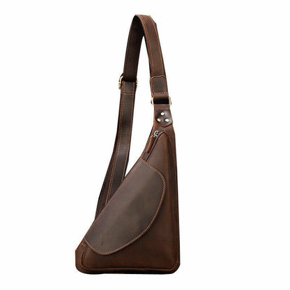 Crazy Horse Leather Men's Sling Crossbody Chest Bag Shoulder BagTriangle Daypack