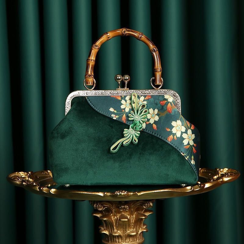 Wood Hand Lock Shell Bag Vintage Purse Chain Women Shoulder Purse Cloth Handbags