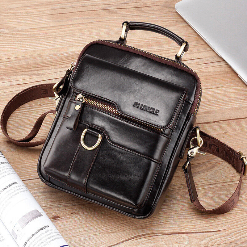100% Cow Leather Men's Sling Shoulder Bag Double Zipper Multifunction Handbags