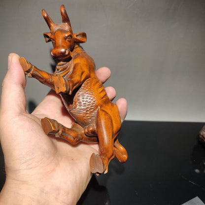 Chinese Boxwood Carving Wealthy Cow Bull Cattle Ox Statue Indoor Home Decor Gift