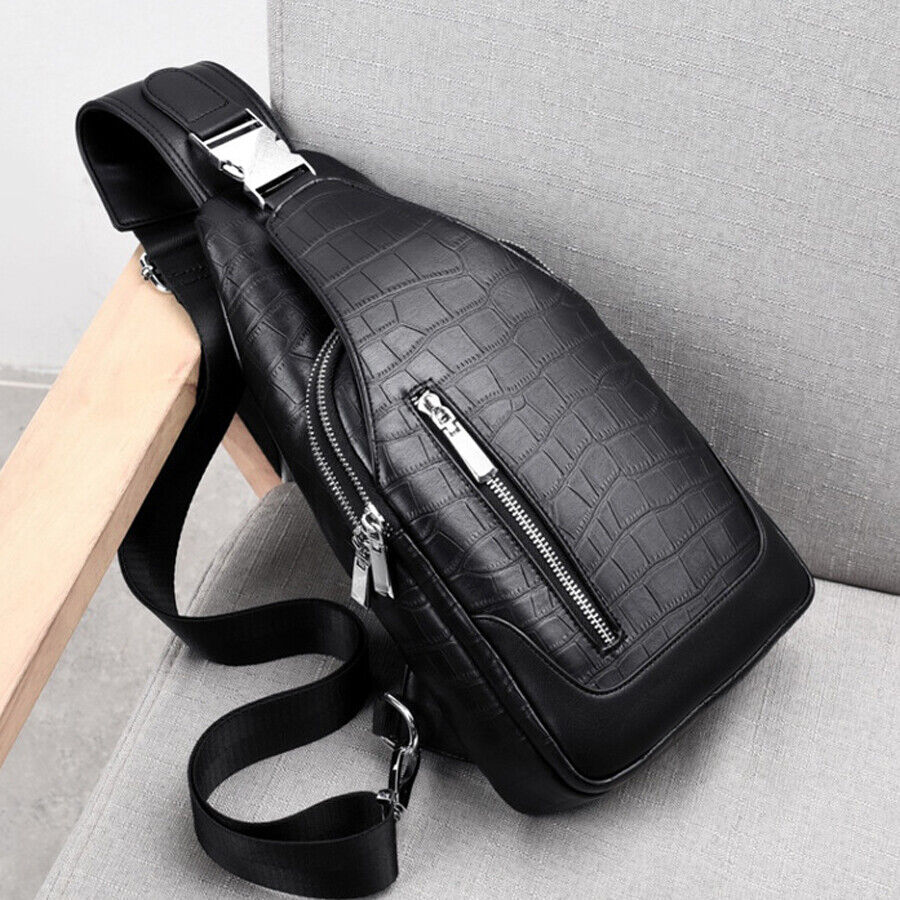 Men's Sling Backpack 100% Genuine Leather Crocodile Crossbody Chest Bag Daypack