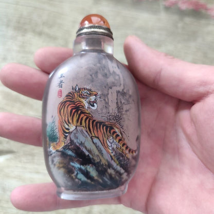 Chinese Reverse Painted Glass Snuff Bottle Inside Forest King Tiger Tigres Gift