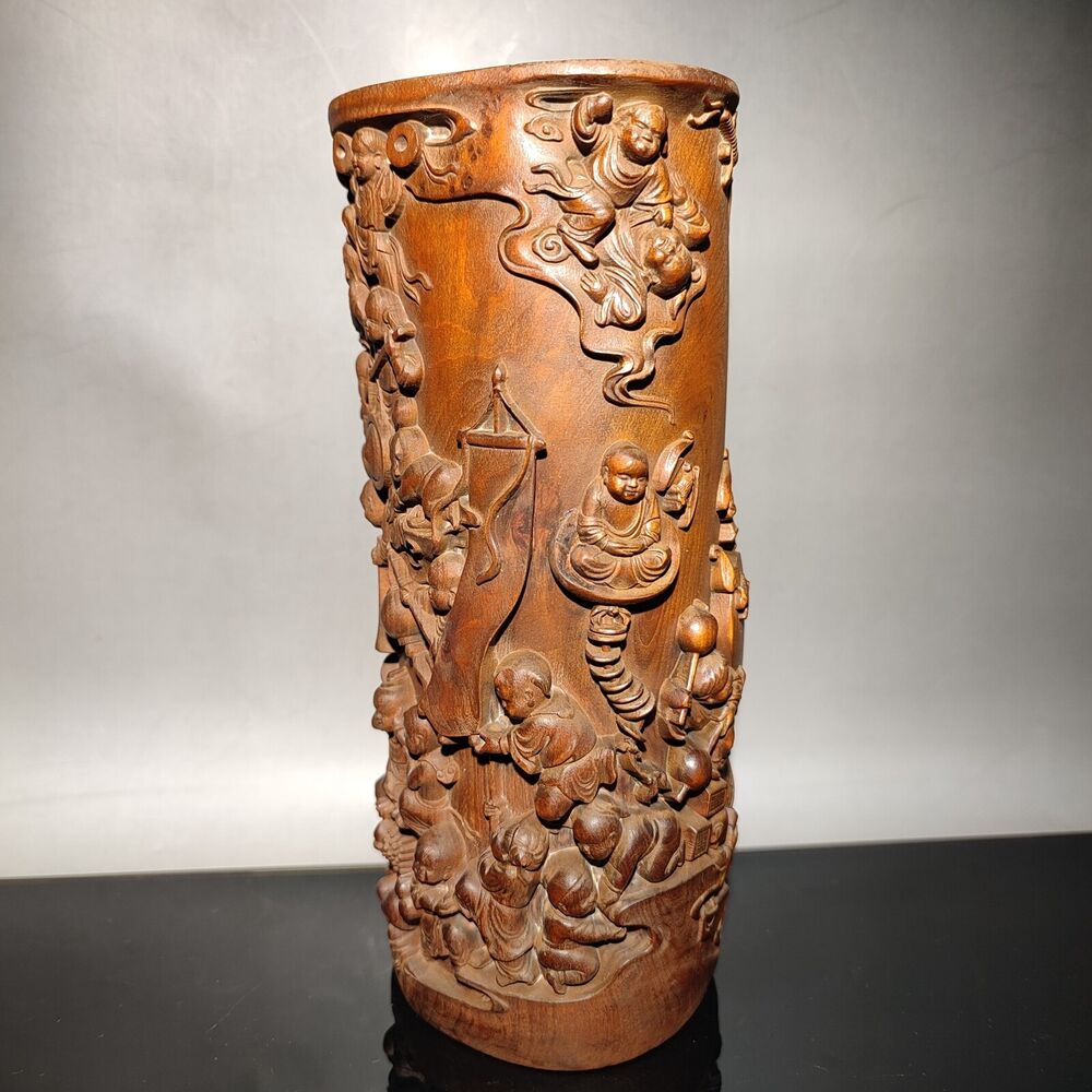 chinese children play kite statue desk study wood brush pot wooden decor carved