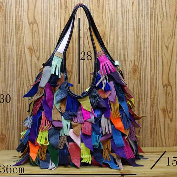 Designer Women's Genuine Leather Multi-color Handbag, Tassel Tote Shoulder Bags