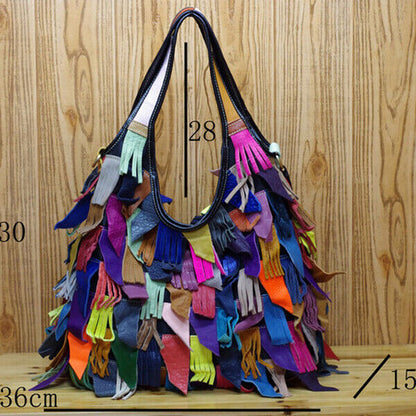 Designer Women's Genuine Leather Multi-color Handbag, Tassel Tote Shoulder Bags