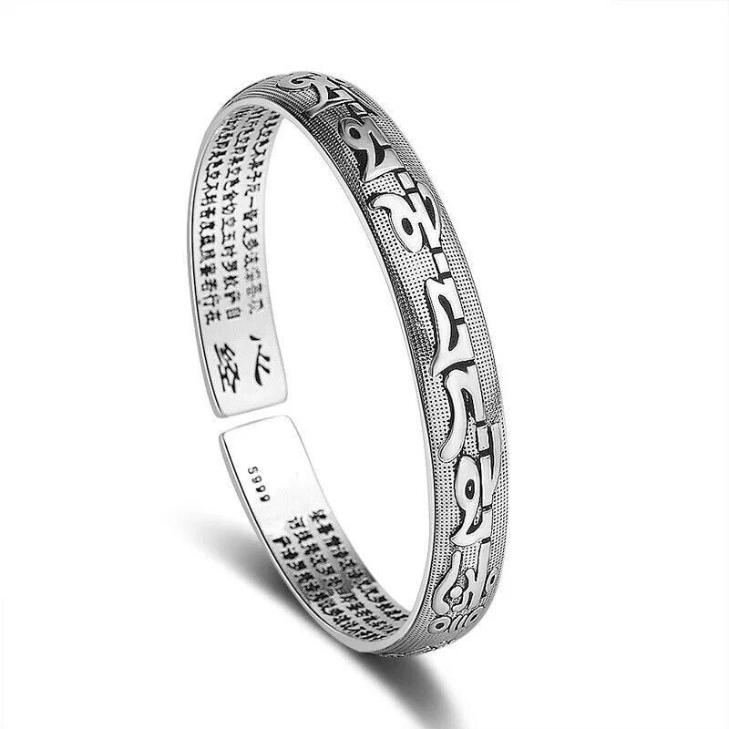 Women Bracelet Fashion Silver Vintage Buddhist Scriptures Lady Resizable Bangles