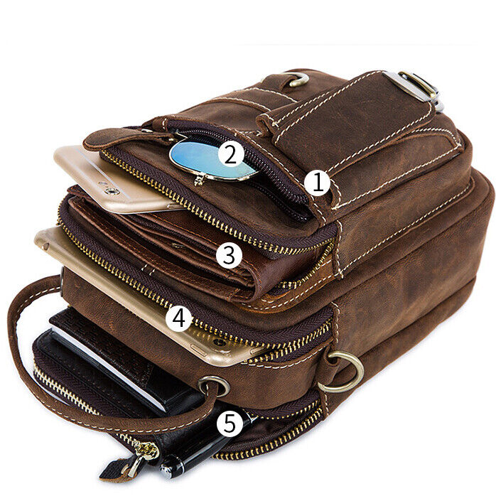 Crazy Horse Leather Men's Sling Shoulder Bag Double Zipper Multifunction Handbag
