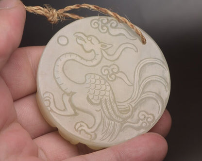 Top Chinese Natural Hetian White Jade Carved Dragon Phoenix Statue Lucky Pendant
