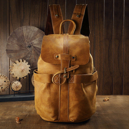 Crazy Horse Leather Drawstring Backpack, Men's Travel Bag, 15.6" Laptop Daypack