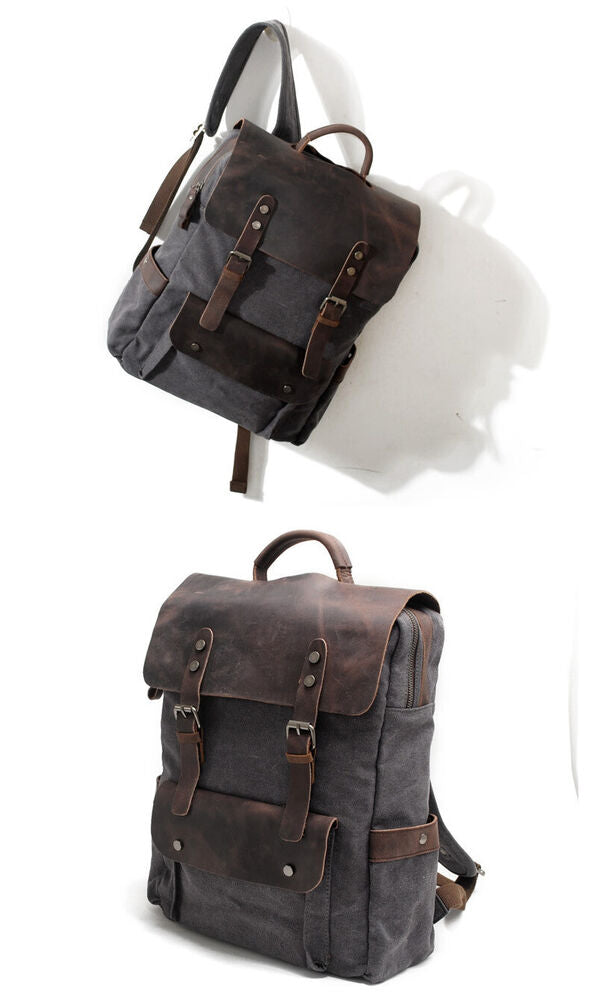 Vintage Real Leather Durable Canvas Backpack Rucksack Satchel 15" Laptop Bag