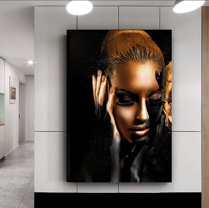 HD black gold female model art poster oil painting