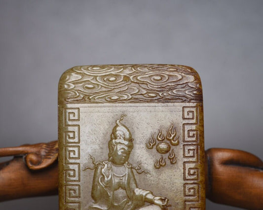 Chinese Old Natural Hetian Jade Carved Guanyin Statue Lucky Jade Pendant Jewelry