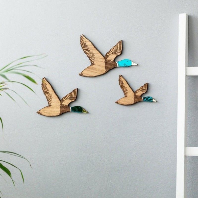 Mallard Duck Wall Art 3Pcs Flying Birds Decor Wooden Artwork Sculptures Pendants