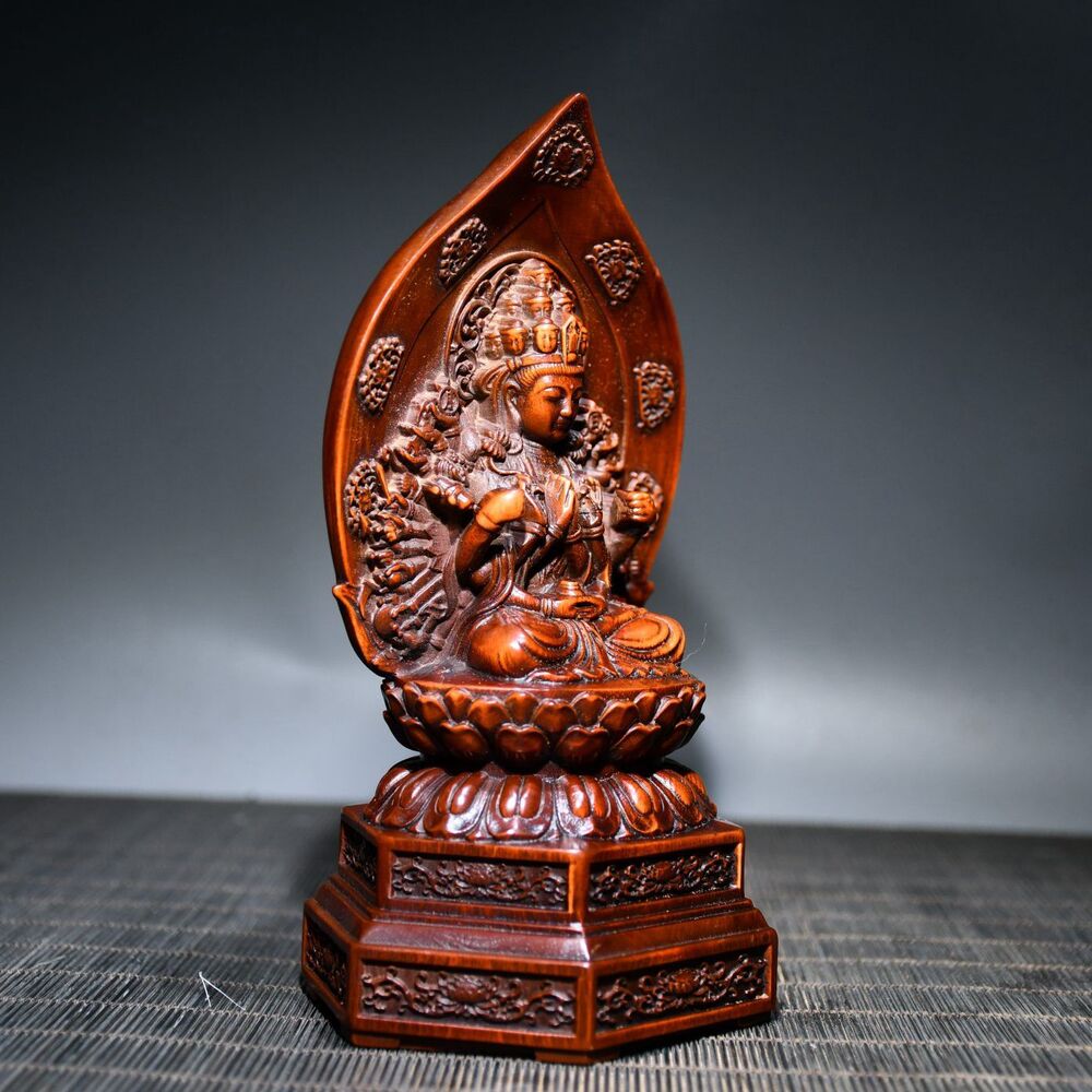 Vintage Wooden Ornaments Boxwood Carving Kwan Yin Statue Sculpture Collectible