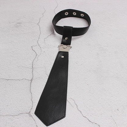 Women Cool Neck Tie Leather Black Metal Split Joint Fashion Tide All-Matches Tie