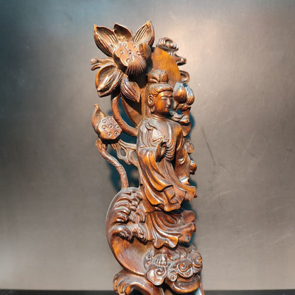 8" Vintage Wooden Carved Holding Lotus Kwan Yin Bodhisattva Statue Wood Figure