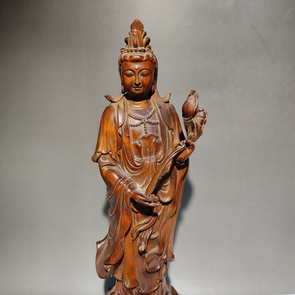 wooden fortune praying kwan yin guanyin quan statues wood sculpture decor lotus