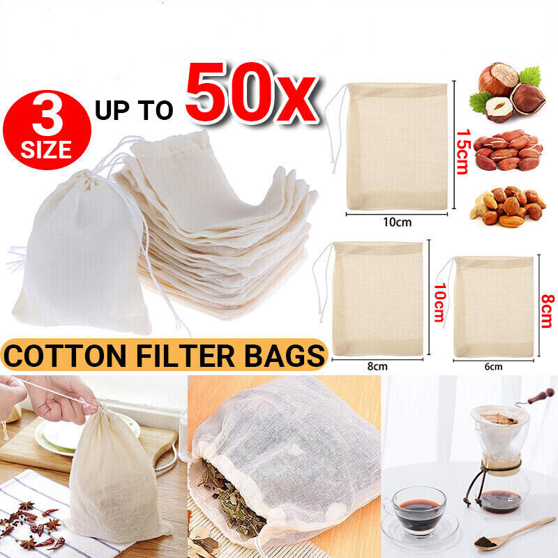 UP 50x Reusable 100% Cotton Muslin Filter Bags Spices Herbs Tea Soup Drawstring
