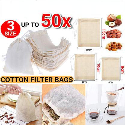UP 50x Reusable 100% Cotton Muslin Filter Bags Spices Herbs Tea Soup Drawstring