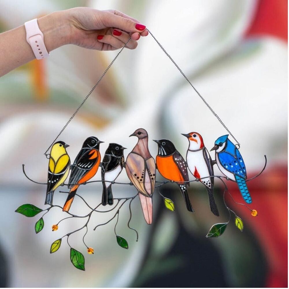 Window Hangings Bird Ornaments 20x15cm Stain Glass Home Suncatchers Wall Decals