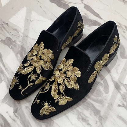 Loafers Men Shoes Black Embroidery Flower Business Casual Shoes