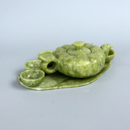 Chinese Traditional Natural Handmade Jade Teapot Carving Gong Fu Tea Cup Set