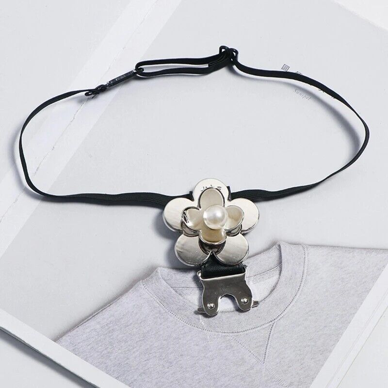 Women Necktie Faux Leather Black Gothic Uniform Pearl Flower Cosplay Bowtie 30cm