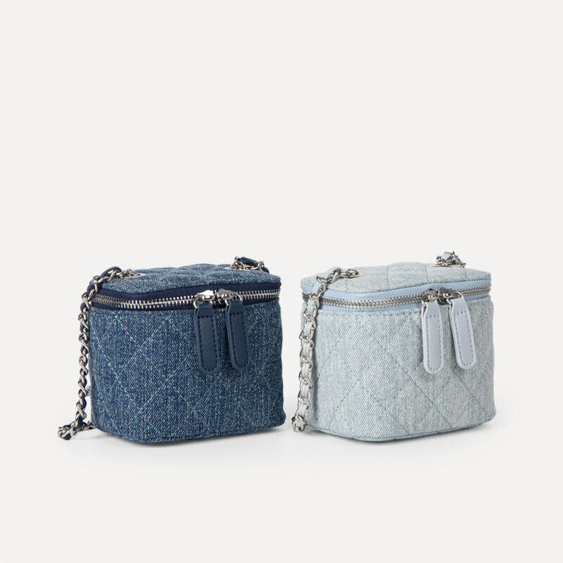 Mini Quilted Denim Shoulder Bag Vanity Case Purse Box Clutch Crossbody w/ Chain